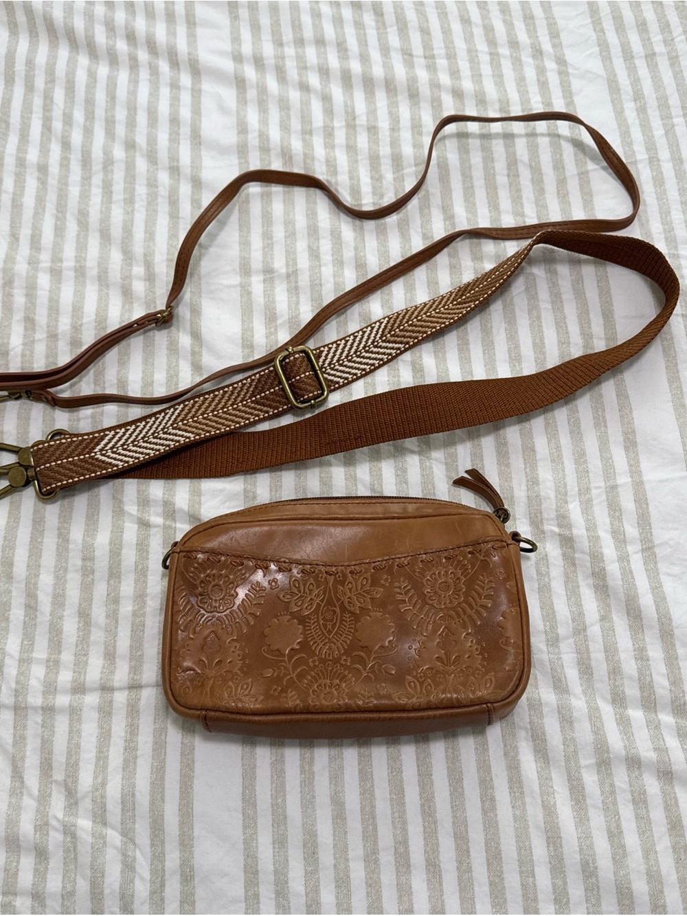 Women’s Tan Leather Crossbody Bag with Embossed Floral Detail